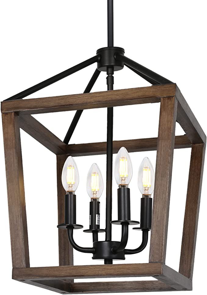 4-Light Rustic Chandelier, Classic Lantern Pendant Light with Oak Wood and Iron Finish, Farmhouse... | Amazon (US)