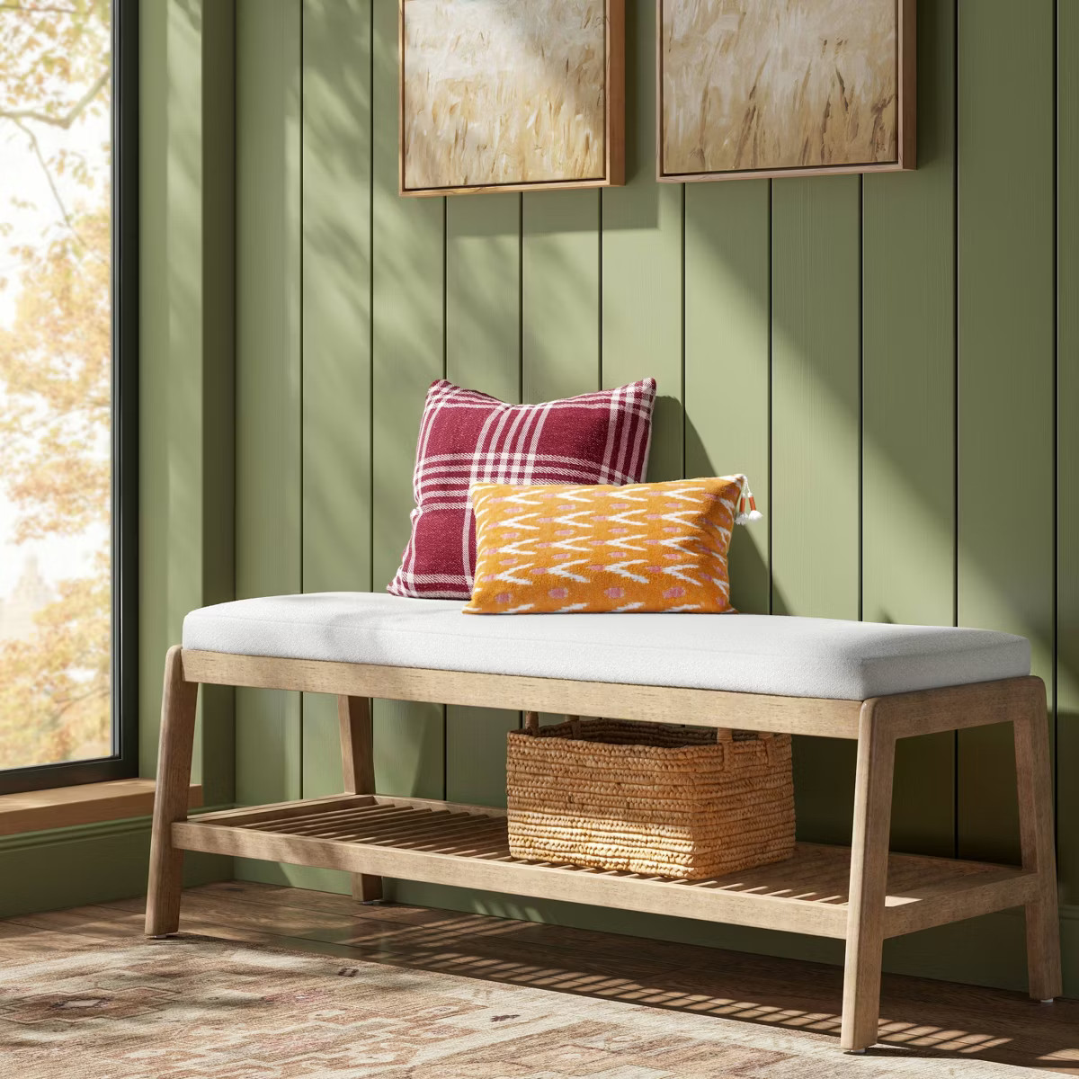 Upholstered Entry Bench with slatted Shelf Cream Boucle - Threshold™ | Target