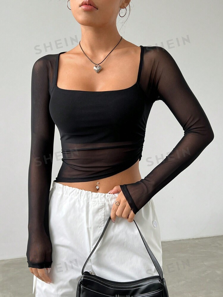 SHEIN EZwear Spring Black Square Neck Asymmetrical Hem Crop Mesh Date Night Top | SHEIN
