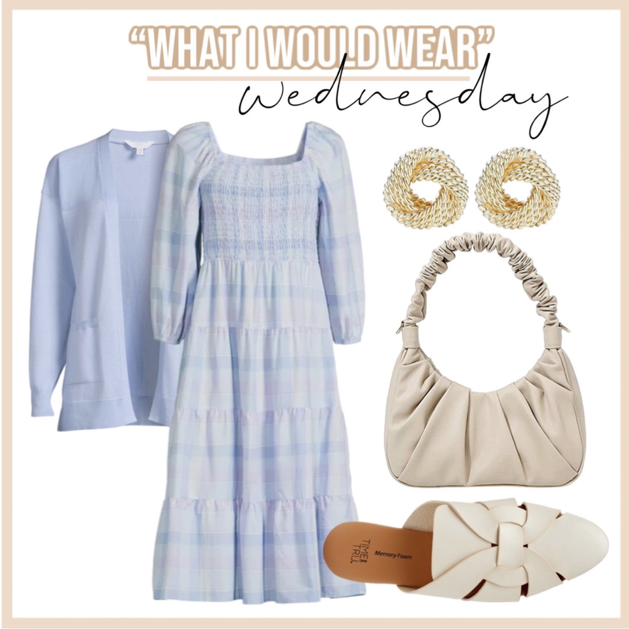 Walmart dress - cardigan - spring outfit - spring dress - white cream flat mules - Walmart shoes - spring mules - gold studded earrings - amazon earrings - gold studs

#LTKSeasonal #LTKshoecrush #LTKunder50
