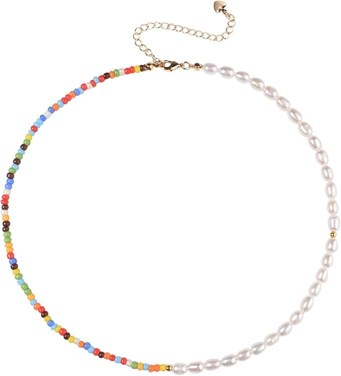 Miss Pink Women's Brass Pearl Natural Freshwater Fun Flirty Beaded Choker Necklace, Handmad... | Amazon (US)