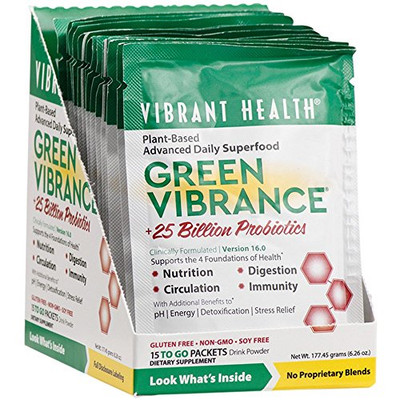 Vibrant Health - Green Vibrance, Plant-Based Daily Superfood + Protein and Antioxidants, 15 Packets