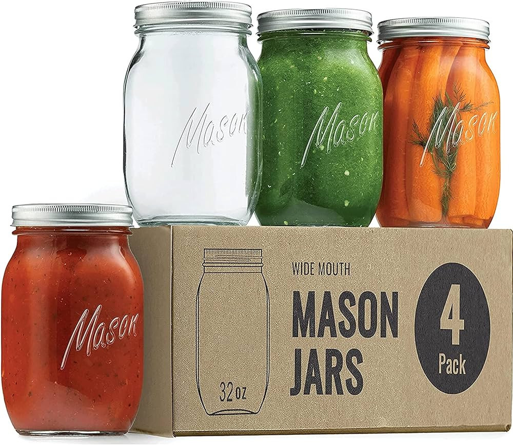 Paksh Novelty Mason Jars 32 oz - 4-Pack Wide Mouth Glass Jars with Lid & Seal Bands - Airtight Co... | Amazon (US)