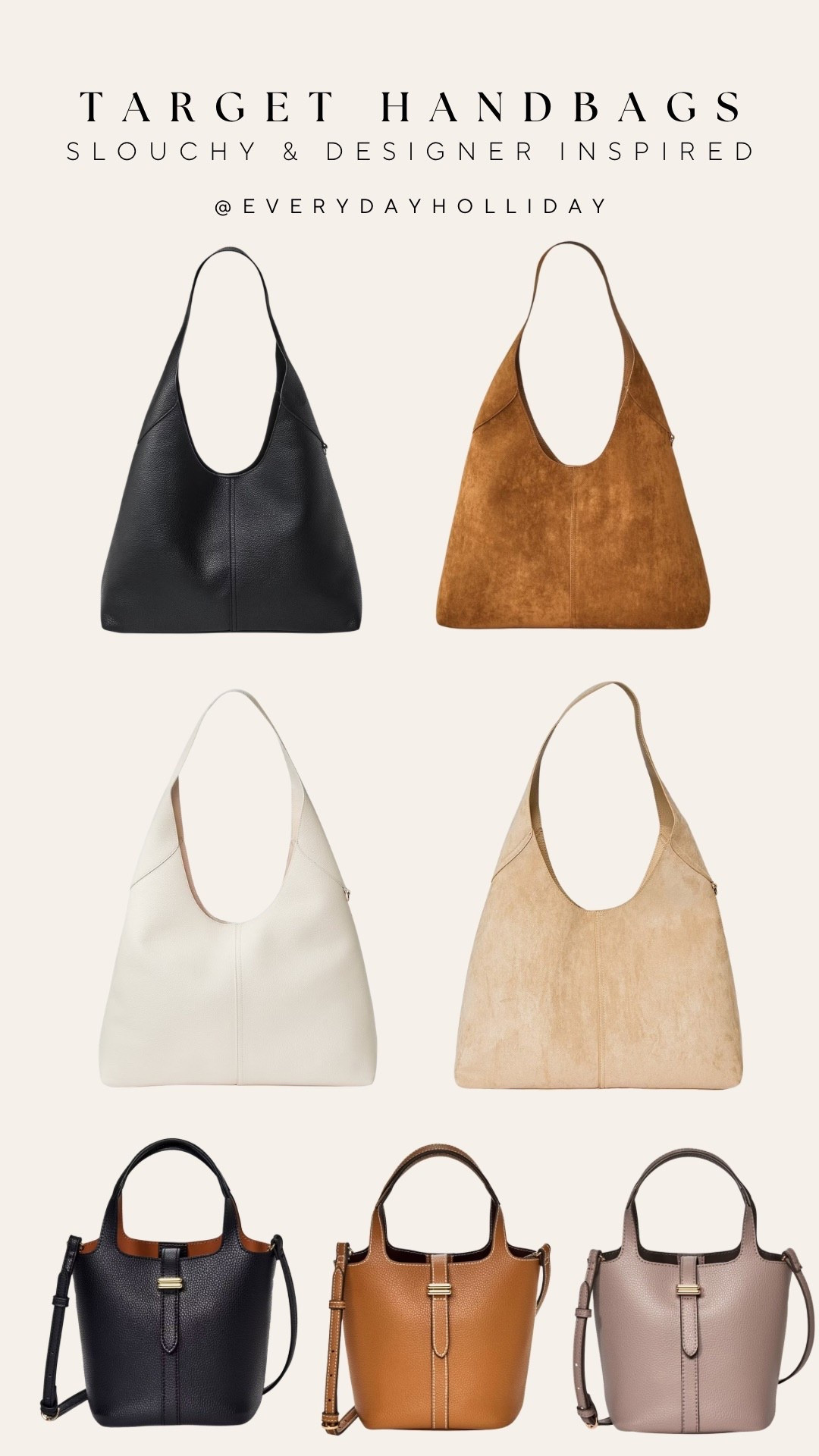 Target handbags are having a serious moment 👜 Slouchy hobos, structured bucket bags, neutral colorways — all looking way more expensive than they actually are. These are the styles I’d grab before they sell out. Which color is your go-to — classic black or the tan suede?​​​​​​​​​​​​​​​​

#LTKootd #LTKgrwm #LTKBeauty
