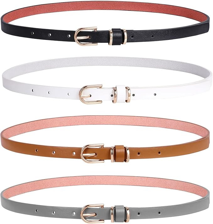 SANSTHS 4 Pack Women Thin Belts for Jeans Dresses Coats Skinny Women Belt with Gold Alloy Buckle | Amazon (US)