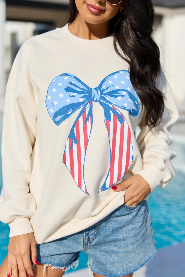 Patriotic Bow Cream Graphic Sweatshirt | Pink Lily