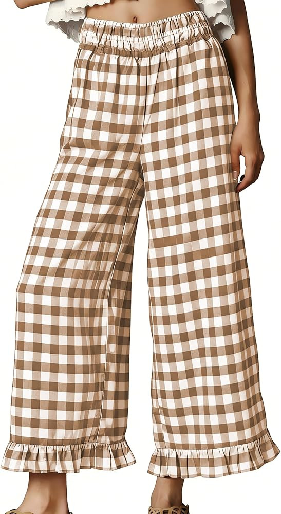 Women's Wide Leg Pants High Waist Ruffle Hem Casual Loose Cropped Trousers Solid Color Lightweigh... | Amazon (US)
