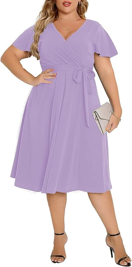 Agmibrelr Women's Plus Size Flutter Sleeve Dress Deep V Neck A-Line Swing Midi Dresses | Amazon (US)