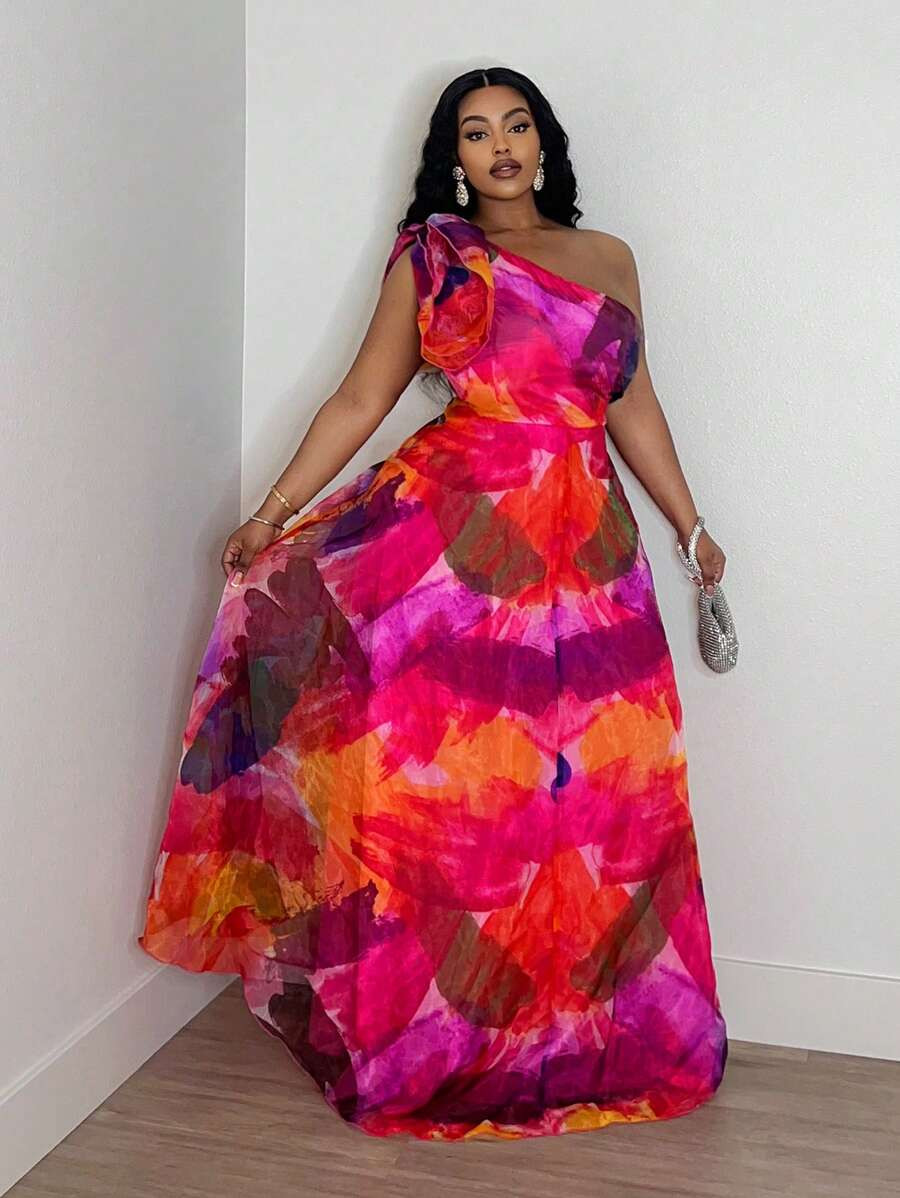 SHEIN Slayr Romantic Red Mesh Dress With Brush Print, Off Shoulder, Sleeveless, A-Line, Plus Size | SHEIN