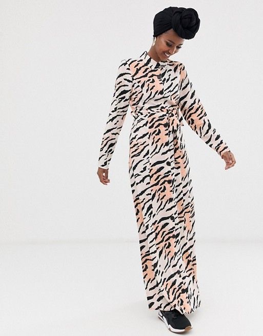 ASOS DESIGN long sleeve button through maxi dress with belt in zebra print | ASOS UK