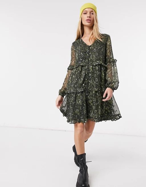 Y.A.S chiffon mini smock dress in green paisley | ASOS (Global)