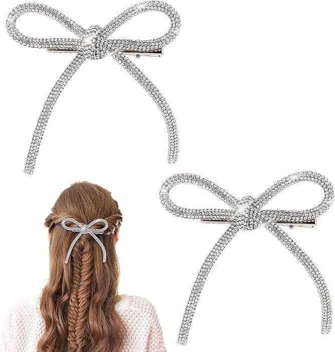 2 Pcs Bow Hair Clips Rhinestone Hair Accessories Silver Hair Bows for Women Crystal Prom Hair Dec... | Amazon (US)