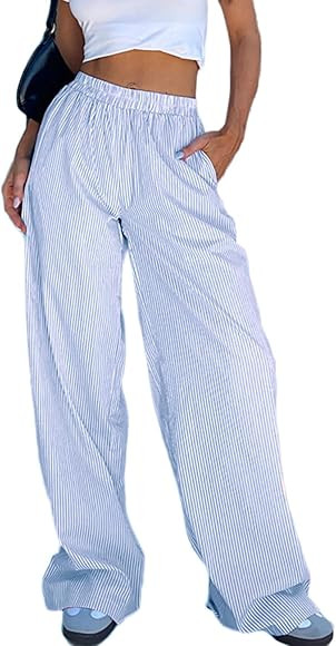 XBTCLXEBCO Women Y2K Striped Lounge Pants Elastic Waist Straight Wide Leg Pajama Bottoms Casual G... | Amazon (US)