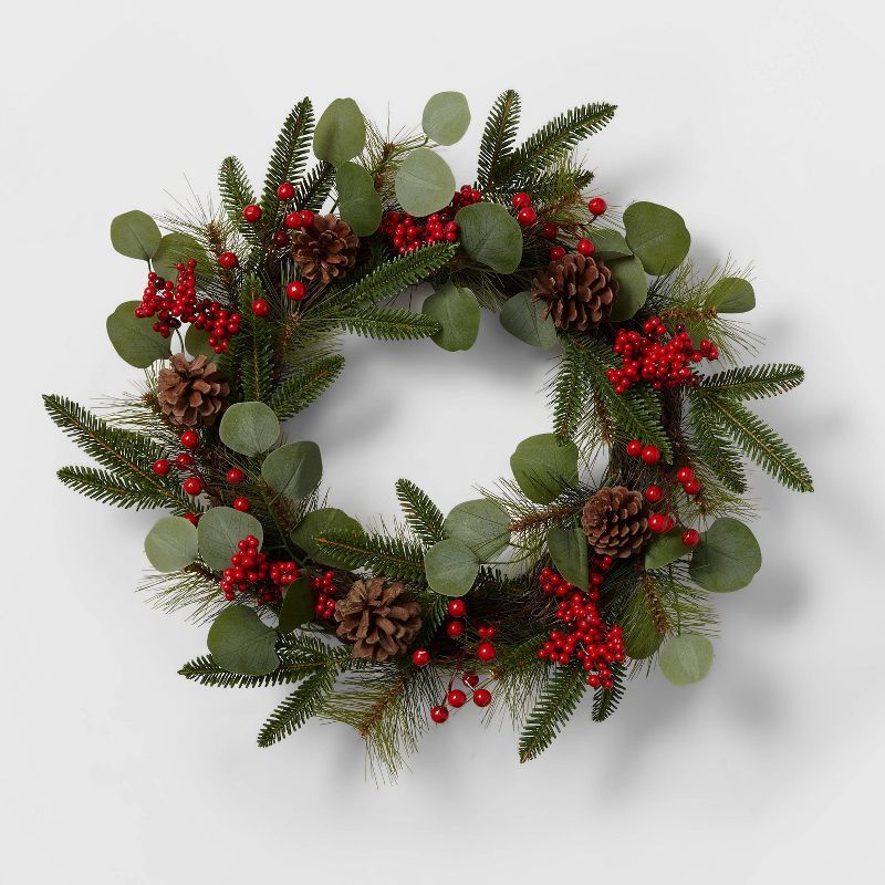 22" Mixed Greenery Artificial Christmas Wreath with Red Berries & Pinecones - Wondershop™ | Target