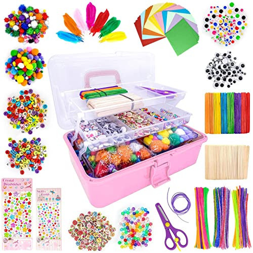 1405 Pcs Art and Craft Supplies for Boys and Girls, Toddler DIY Craft Art Supply Set Included Pipe Cleaners, Pom Poms, Feather, Folding Storage Box - All in One for Craft DIY Art Supplies (F0-Pink) | Amazon (US)