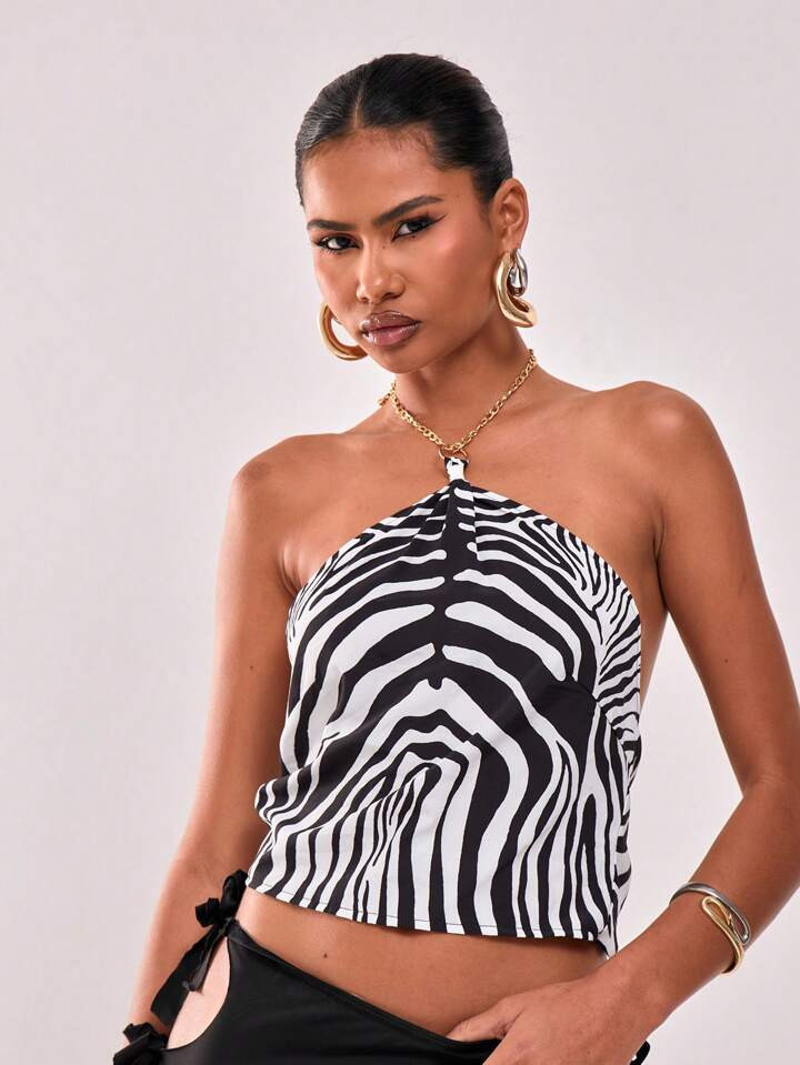 MUSERA Zebra Printed Satin Chain Halterneck Cami Top | SHEIN
