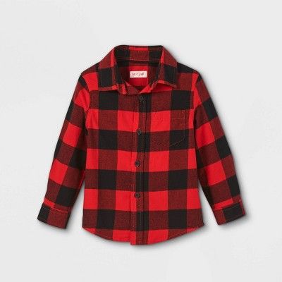 Toddler Boys&#39; Flannel Long Sleeve Button-Down Shirt - Cat &#38; Jack&#8482; Red 3T | Target