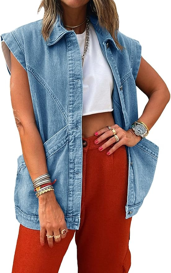 PLNOTME Womens Oversized Sleeveless Denim Vest Classic Button Down Jean Vest Casual Utility Lapel... | Amazon (US)