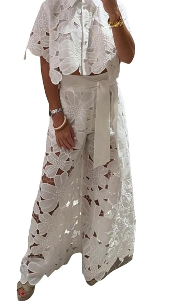 NIFTRIRY Outfits for Women 2 Piece Sets Lace Crop Shirt with Wide Leg Pants Two Piece Sets for Wo... | Amazon (US)