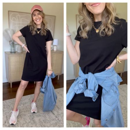 Walmart $10 cotton tshirt dress for spring summer vacation. This denim shirt jacket is one of my most worn items, womens and women’s plus sizes. Hoka sneakers fit tts. 

#LTKstyletip #LTKfitness #LTKfindsunder50