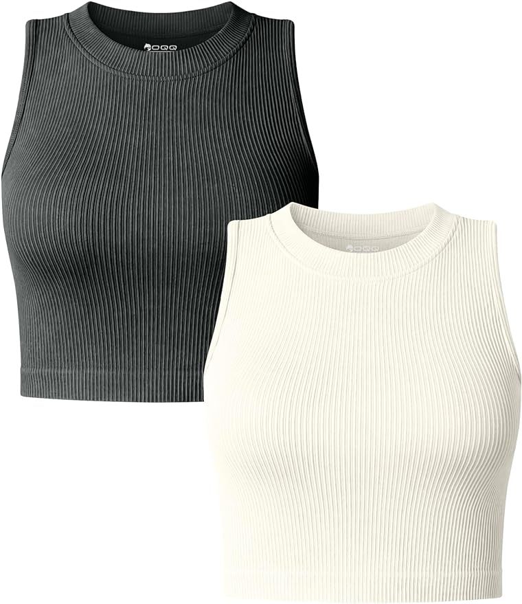 OQQ Women's 2 Piece Tank Tops Ribbed Acid Wash Basic Stretch Yoga Tee Shirts Crop Camis | Amazon (US)