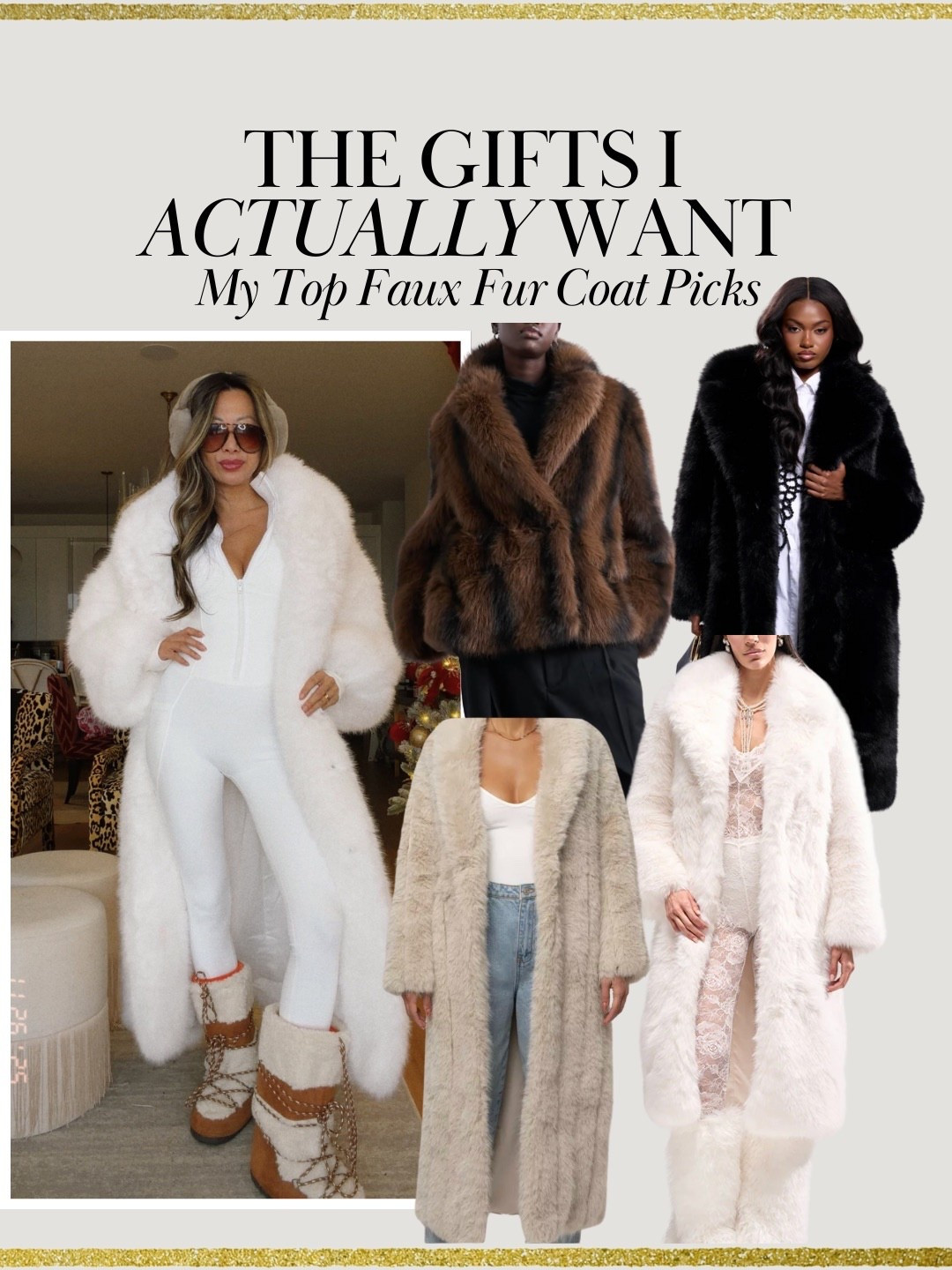 Apres ski outfit, winter outfit, best faux fur style. Love these faux fur coats! Size medium in the one piece. I also want the black. Jacket small  

#LTKHoliday #LTKGiftGuide #LTKCyberWeek