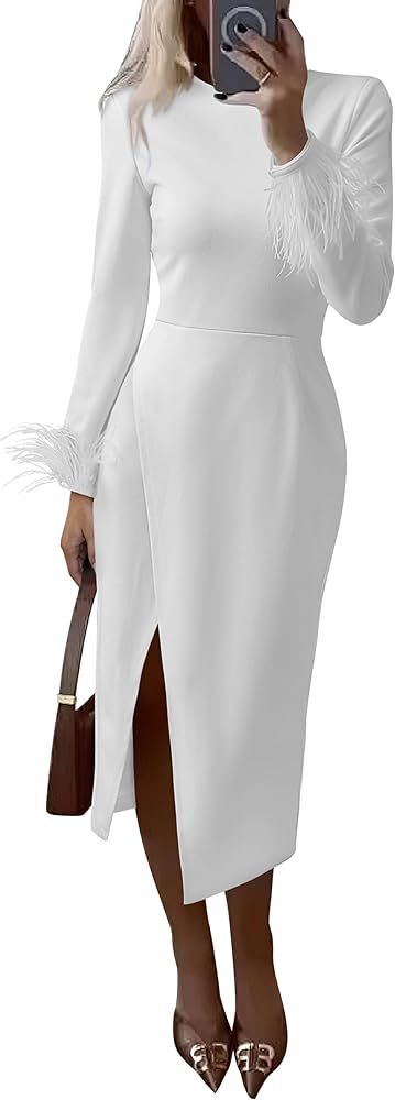 Women's 2023 Fall Long Sleeve Dress Formal Midi Bodycon Wrap Slit Feather Elegant Wedding Guest C... | Amazon (US)