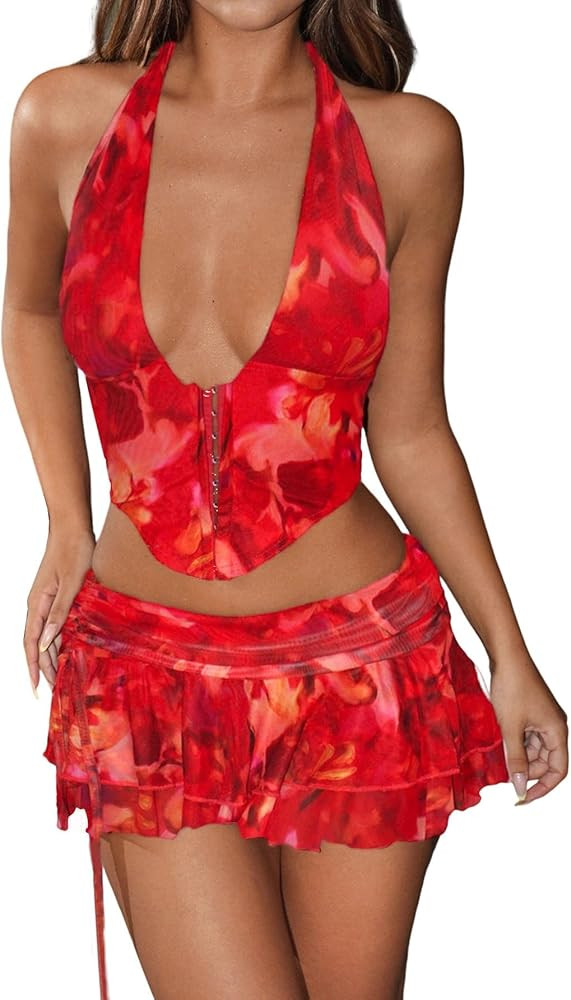 SHENHE Women's 2 Piece Skirt Sets Y2k Rave Outfits Summer Leopard Halter Top Ruffle Mini Skirt Se... | Amazon (US)