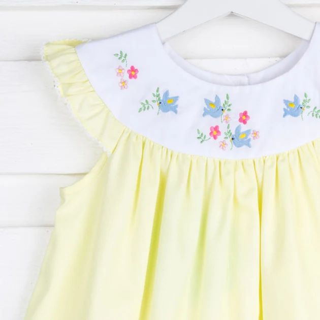 Embroidered Bird Yoke Neck Dress Light Yellow Pique | Classic Whimsy