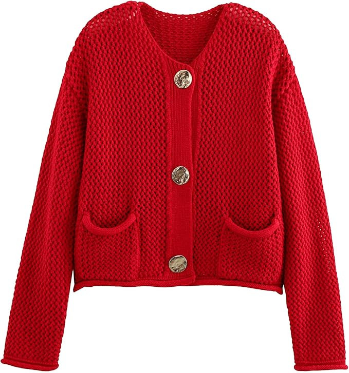 Yimoon Womens Cropped Cardigan Sweaters Gold Button Down Chunky Knit Sweaters Long Sleeve Open Fr... | Amazon (US)