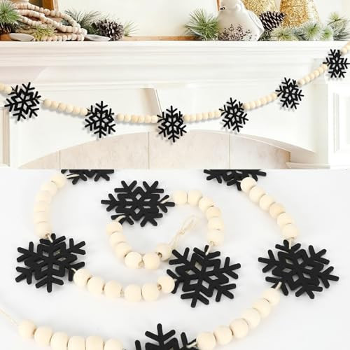 DAZONGE Christmas Decorations, Felt Snowflake Garland and Wood Beads for Farmhouse Christmas Banner Decor, Wall, Shelf, and Holiday Decorations | Amazon (US)