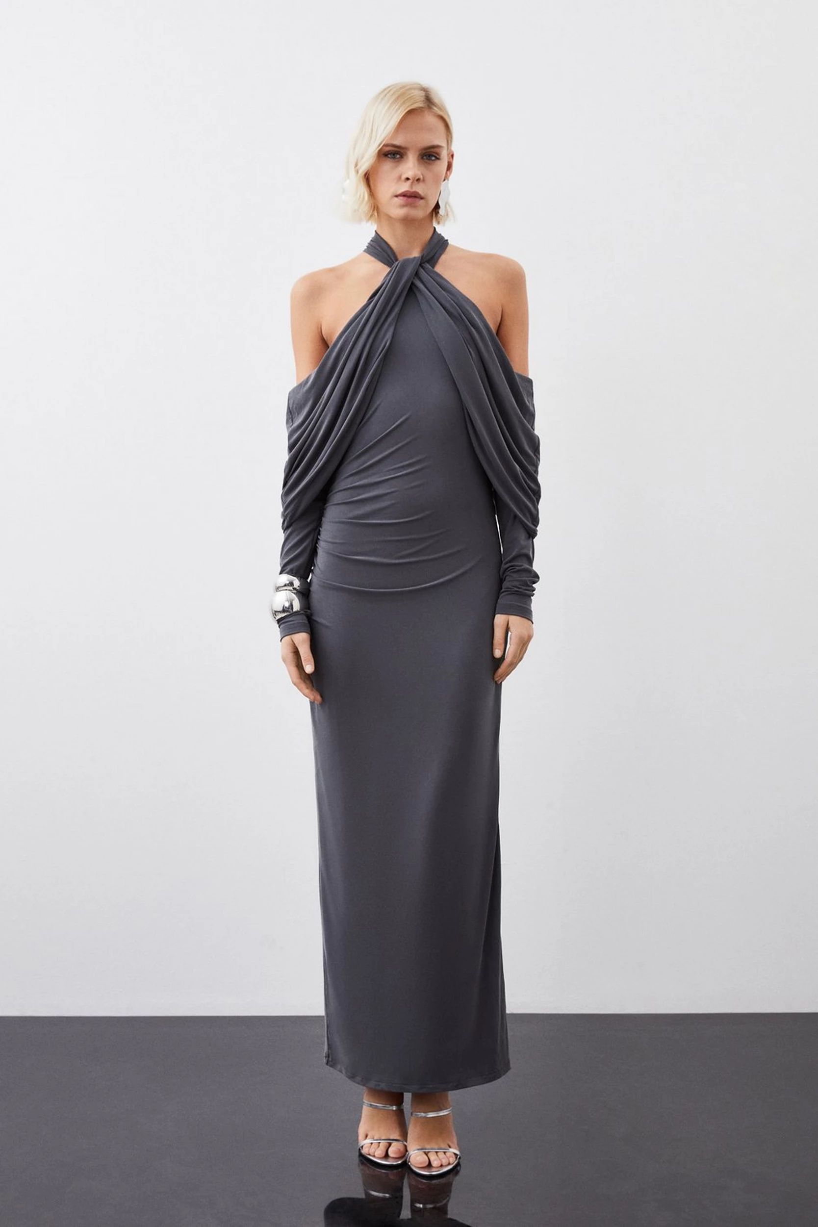 Soft Touch Slinky Jersey Halter Maxi Dress | Karen Millen UK + IE + DE + NL