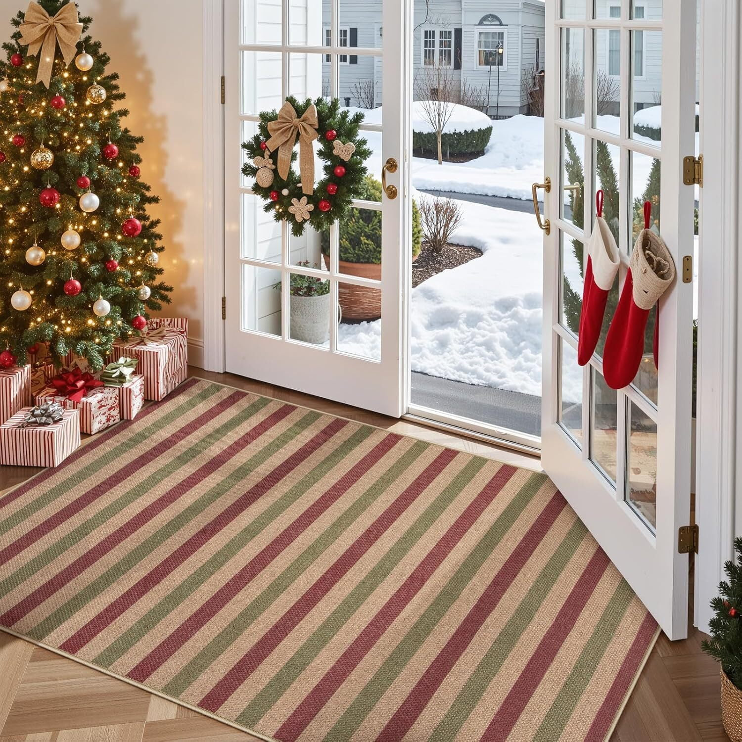 RUG ROBOT 3'x5' Christmas Rug for Entryway, Easy Jute Striped Plaid Christmas Area Rug, Non-Slip ... | Walmart (US)