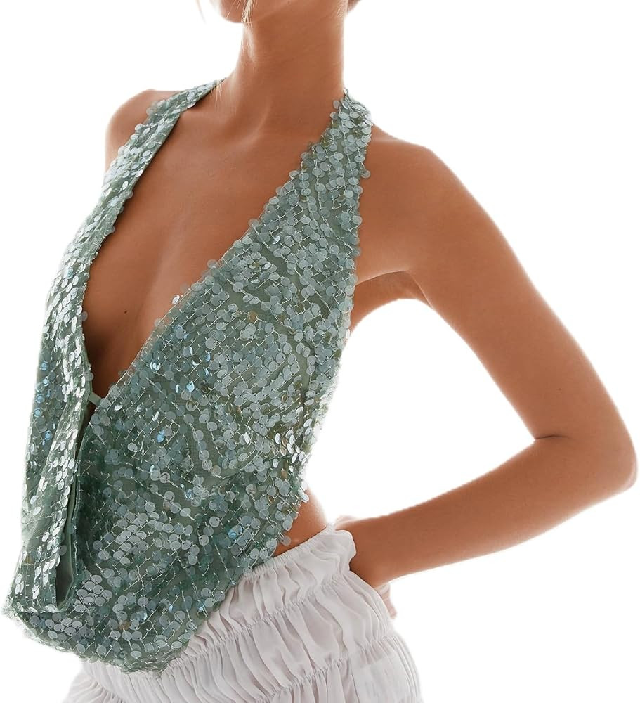 Sequin Halter Top for Women Sexy Sleeveless Deep V Neck Backless Glitter Tank Top Night Out Party... | Amazon (US)