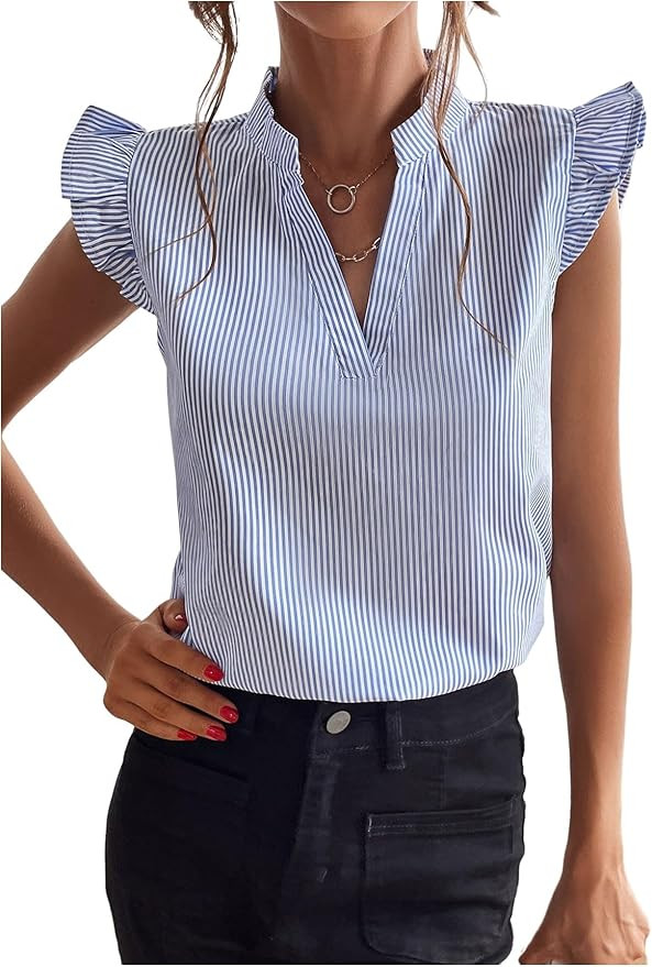 Floerns Women's Striped Ruffle Cap Sleeve Tops Summer Blouse Tops V Neck Business Causal Work Out... | Amazon (US)
