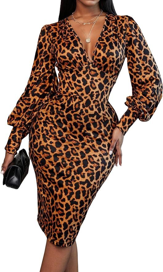 Floerns Women's Leopard Print V Neck Lantern Sleeve Bodycon Dress | Amazon (US)