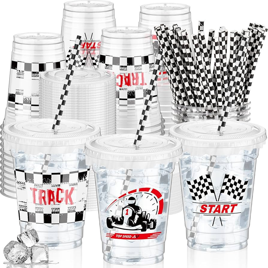 50 Pcs Checkered Racing Party Plastic Cup 12 oz Checkered Flag Thick Clear Cup Black and White Cu... | Amazon (US)