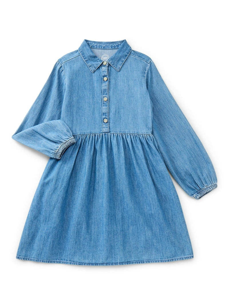 Wonder Nation Girls Cotton Chambray Dress with Long Sleeves, Sizes 4-18 & Plus | Walmart (US)