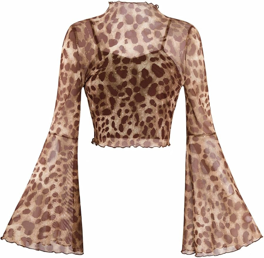 Verdusa Women's Y2K Long Sleeve Tops Goth Mesh Mock Neck Bell Sleeve Crop Tops | Amazon (US)