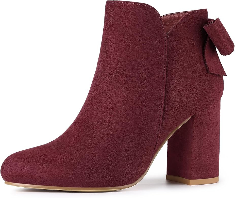Allegra K Women's Round Toe Bow Decor Chunky Heel Ankle Boots | Amazon (US)
