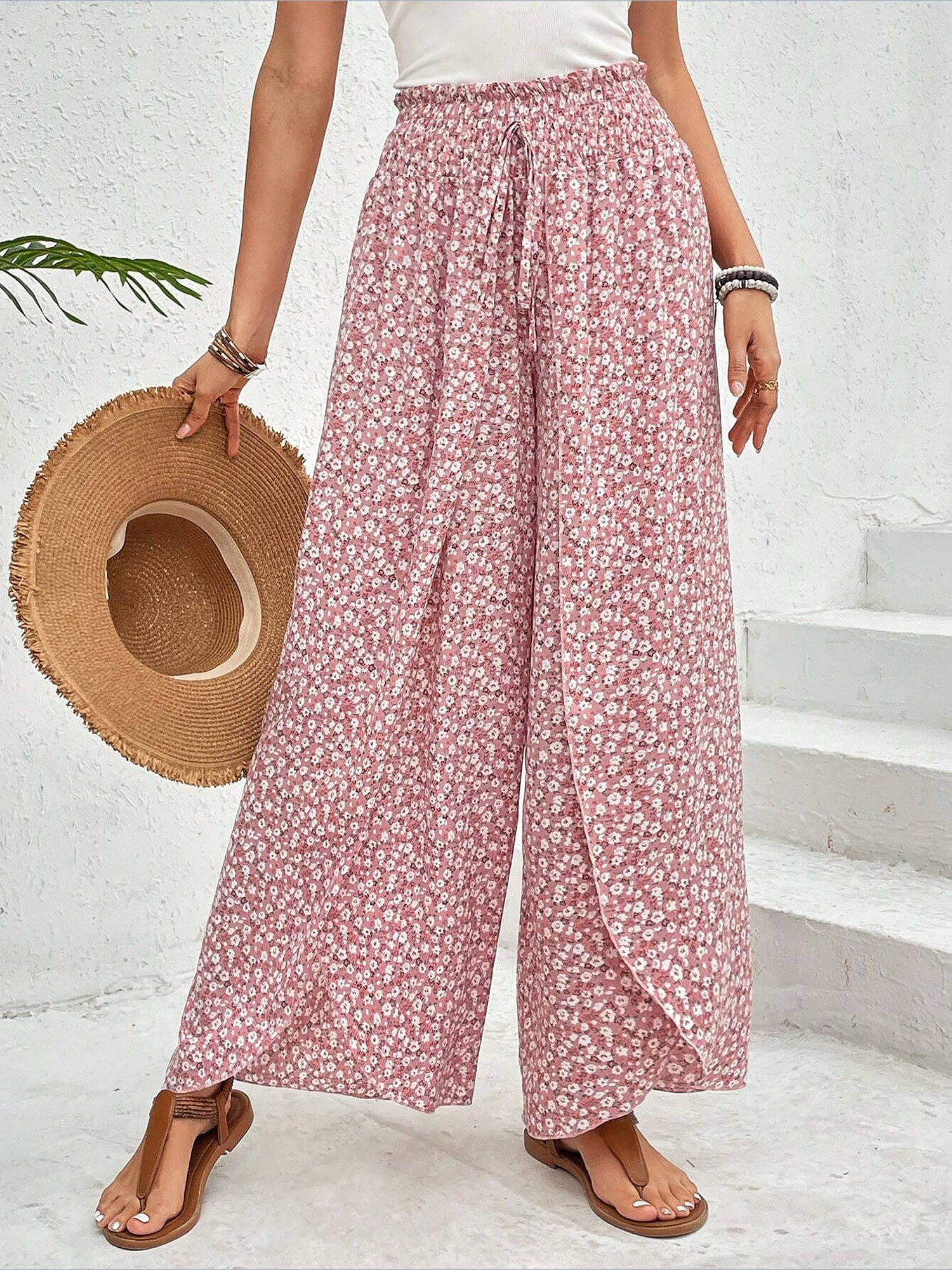 Versatile Ankle-Length Graphic Smocked Elastic Waist Wide Legs Pants | allegra-k