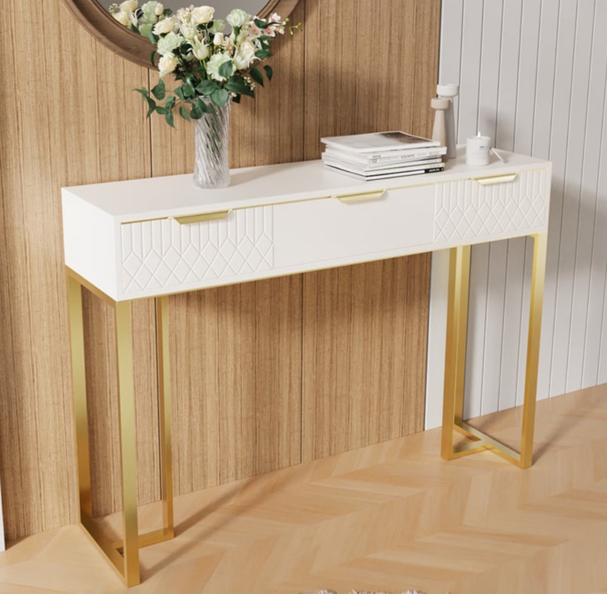 Aro 47.2" White & Gold Modern Console Table Rectangular Accent Table Entryway Drawers

#LTKStyleTip #LTKHoliday #LTKHome