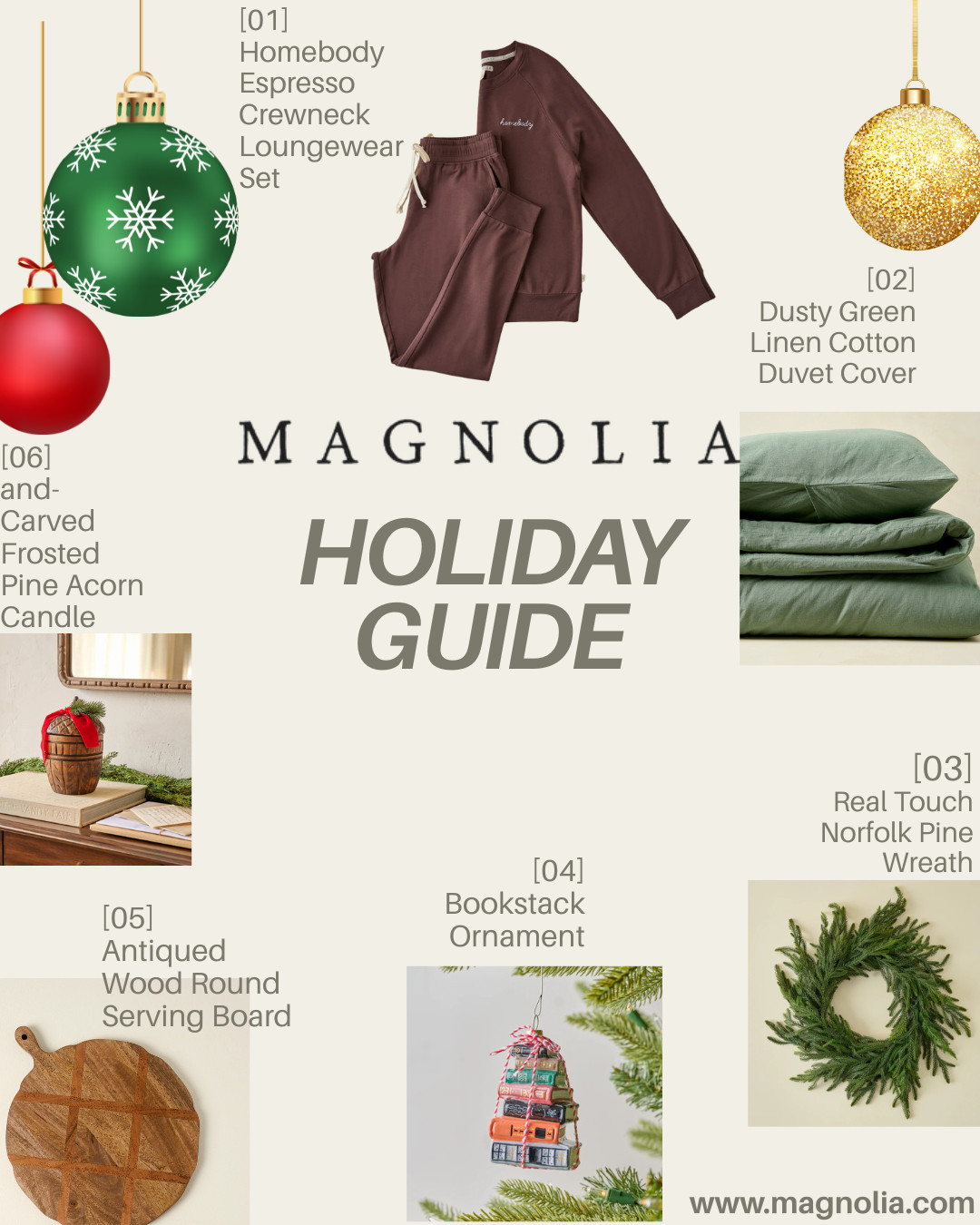 The perfect Magnolia-inspired holiday gift guide is here! Cozy loungewear, warm wood accents, timeless ornaments, and beautiful greenery for every home. These curated pieces are perfect for gifting, decorating, and adding that signature Magnolia warmth to the season.

Includes:
• Homebody Espresso Loungewear Set
• Dusty Green Linen Cotton Duvet Cover
• Real Touch Norfolk Pine Wreath
• Bookstack Ornament
• Antiqued Wood Serving Board
• Hand-Carved Frosted Pine Acorn Candle

Tap to shop each cozy, aesthetic, farmhouse-chic favorite.
#LTKHoliday #Magnolia #HomeDecorGifts #CozyHome 

 #LTKCyberWeek #LTKGiftGuide #LTKHoliday