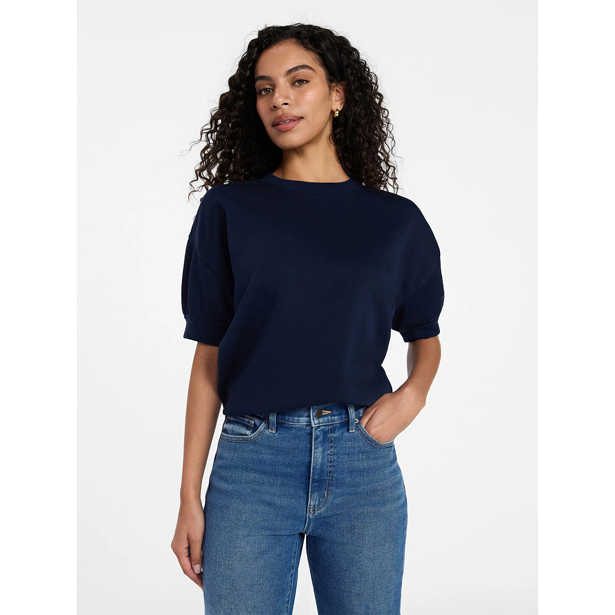 Time and Tru Women's Fleece Sweatshirt with Short Puff Sleeves, Sizes XS-XXXL | Walmart (US)
