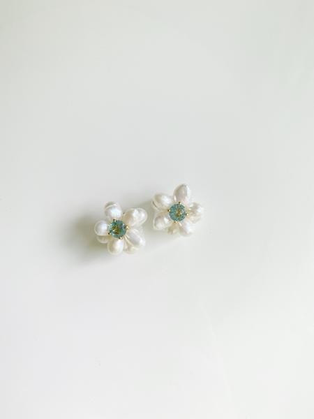 collection earrings: freshwater pearls + light blue quartz hydrangea studs | Nicola Bathie Jewelry
