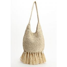 Tassel Hem Woven Straw Shoulder Bag | Chicwish