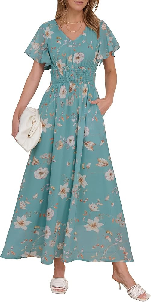 ANRABESS Womens Summer Floral Maxi Dress Casual V Neck Short Sleeve Chiffon Boho Flowy Beach 2026... | Amazon (US)