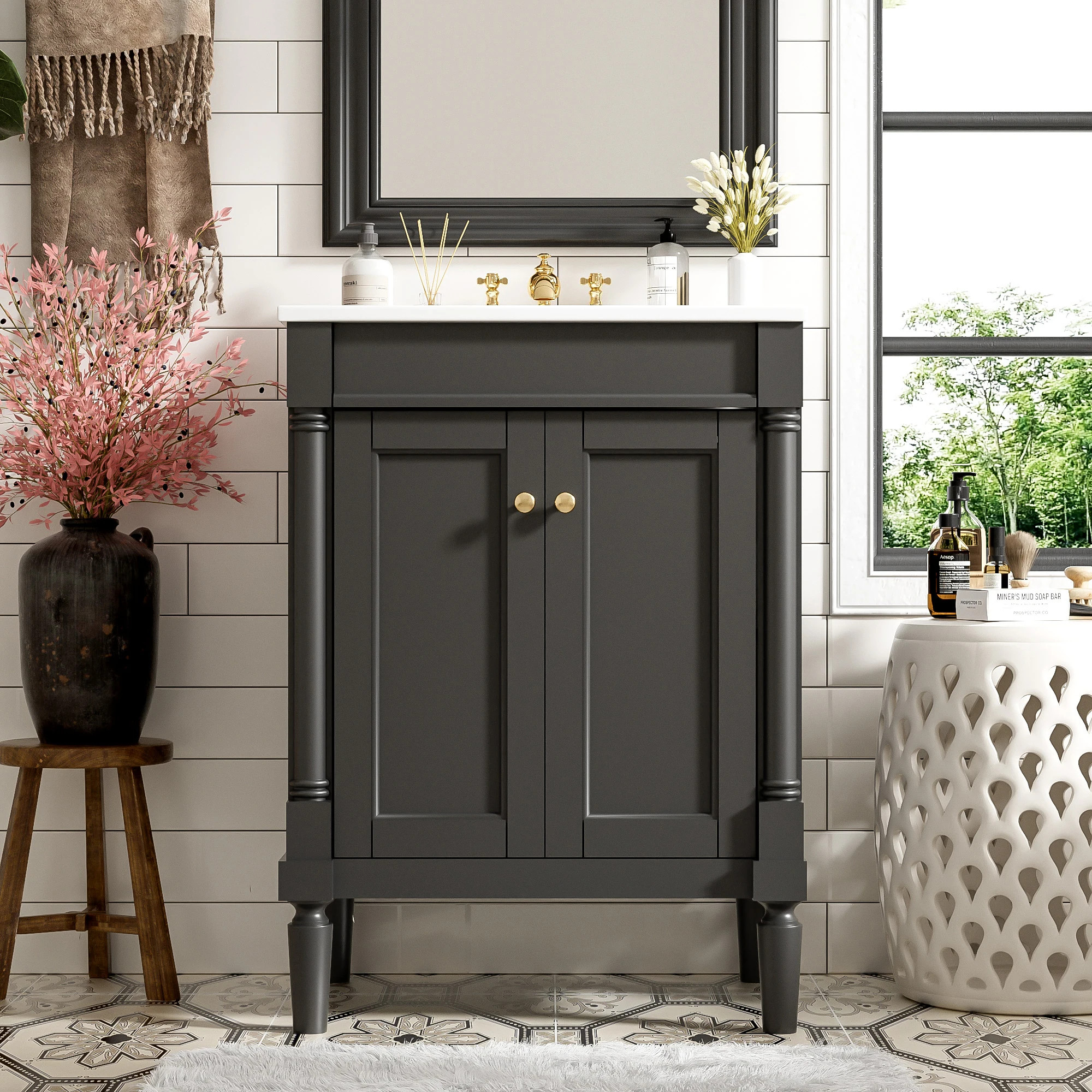 24 Inch Ceramic Basin Bathroom Vanity / Single Sink Bathroom Storage Cabinet - Green - 24 Inch | Overstock