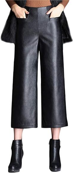 Tanming Womens Autumn Winter High Waist Black Faux Leather Cropped Pants Trousers | Amazon (US)