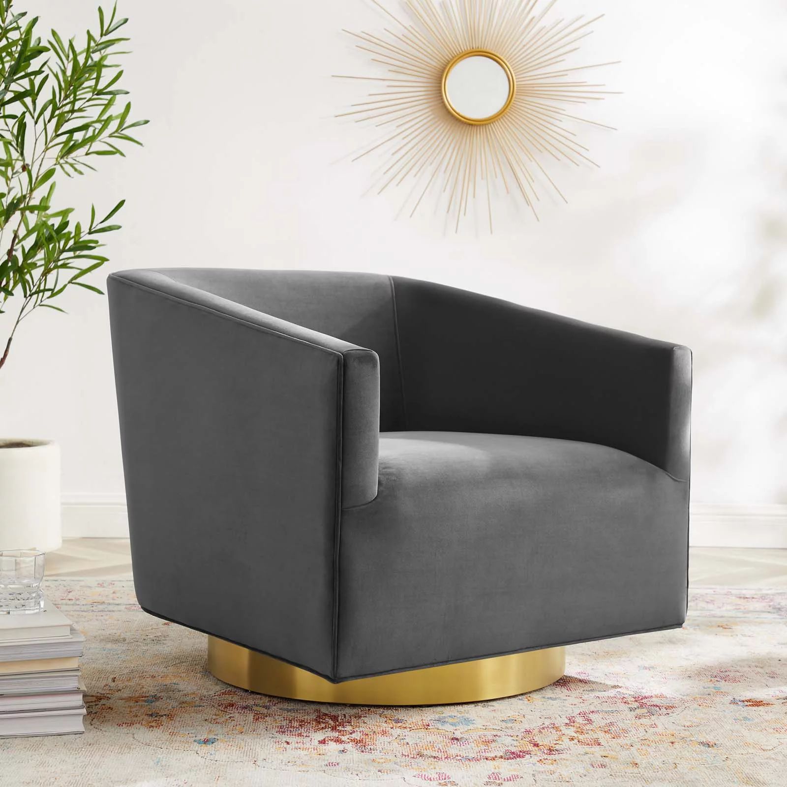 Modway Twist Accent Lounge Performance Velvet Swivel Chair in Gold Charcoal - Walmart.com | Walmart (US)